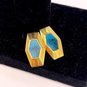 Vintage Gold Tone Sparkle Blue Geometric Festival Summer Beach Mermaid Earrings
